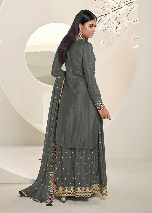 Grey Floral Embroidered Sharara Suit In Chinon Silk