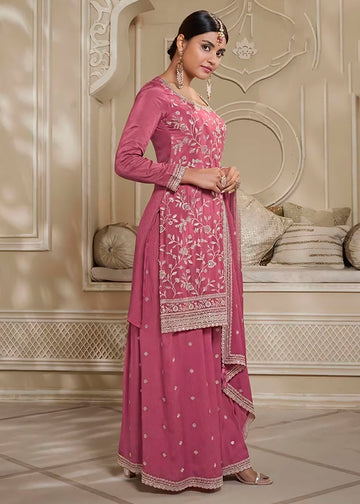 Pink Chinon Silk Embroidered Sharara Suit
