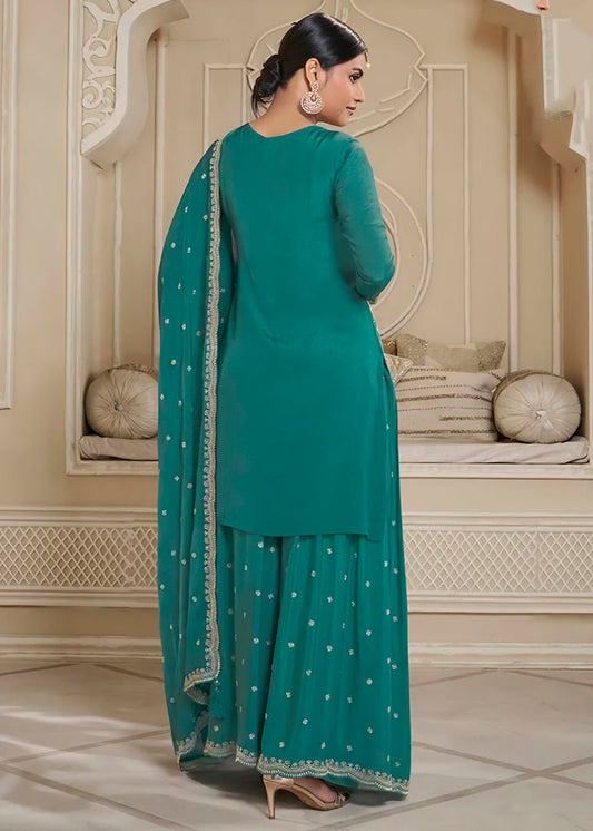 Teal Blue Chinon Silk Embroidered Sharara Suit