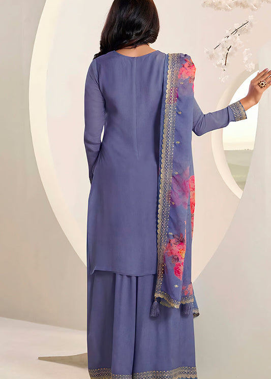 Lilac Embroidered Sharara Suit In Chinon