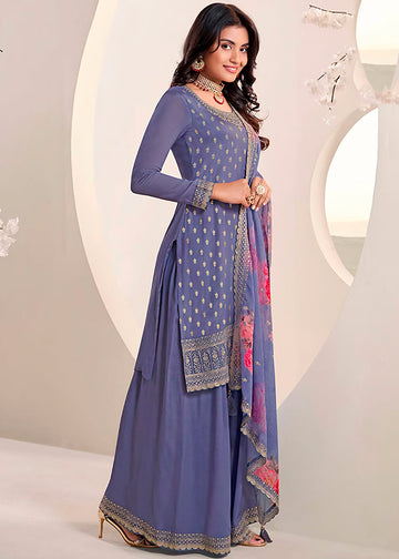 Lilac Embroidered Sharara Suit In Chinon