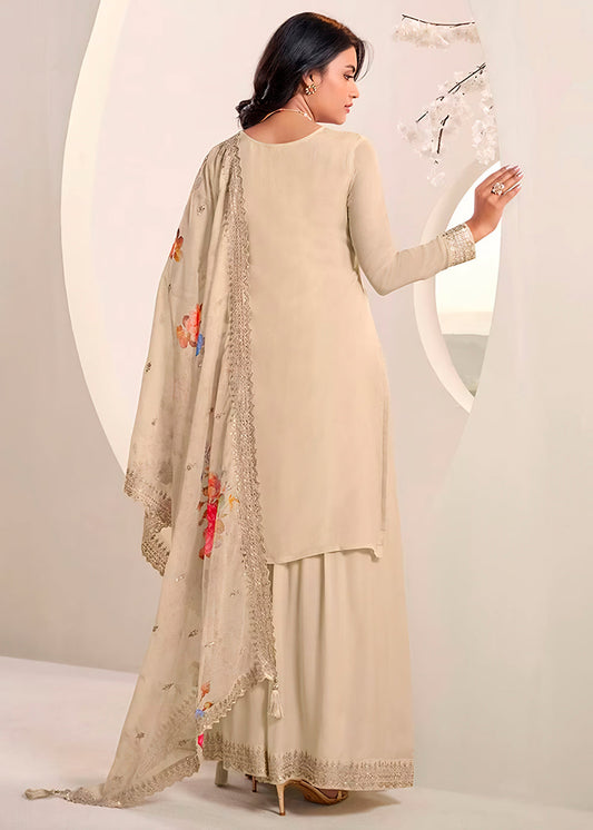 Off White Chinon Silk Embroidered Sharara Suit