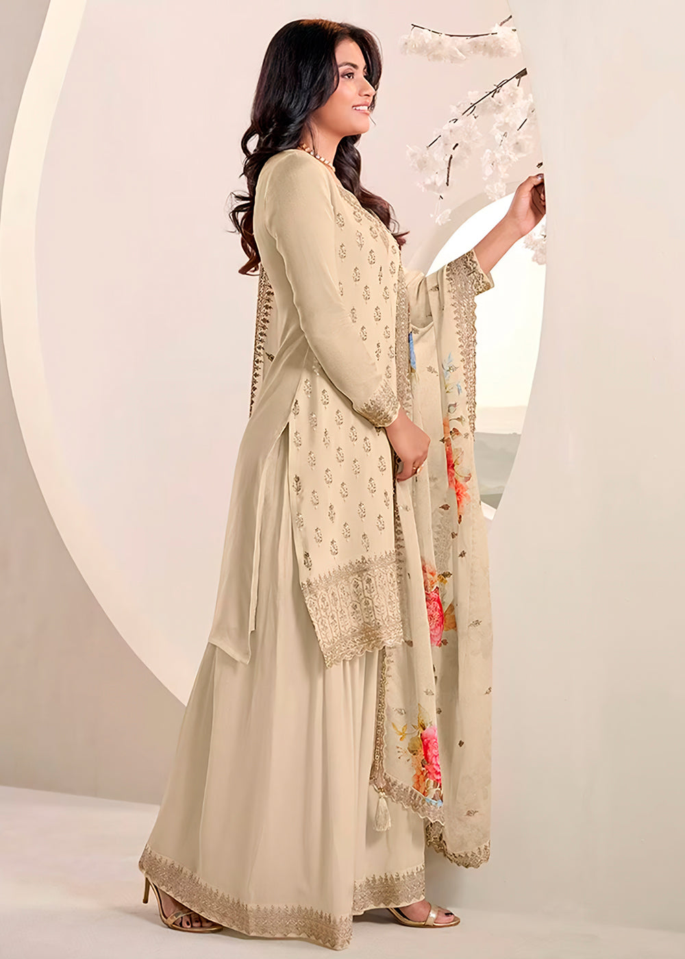Off White Chinon Silk Embroidered Sharara Suit