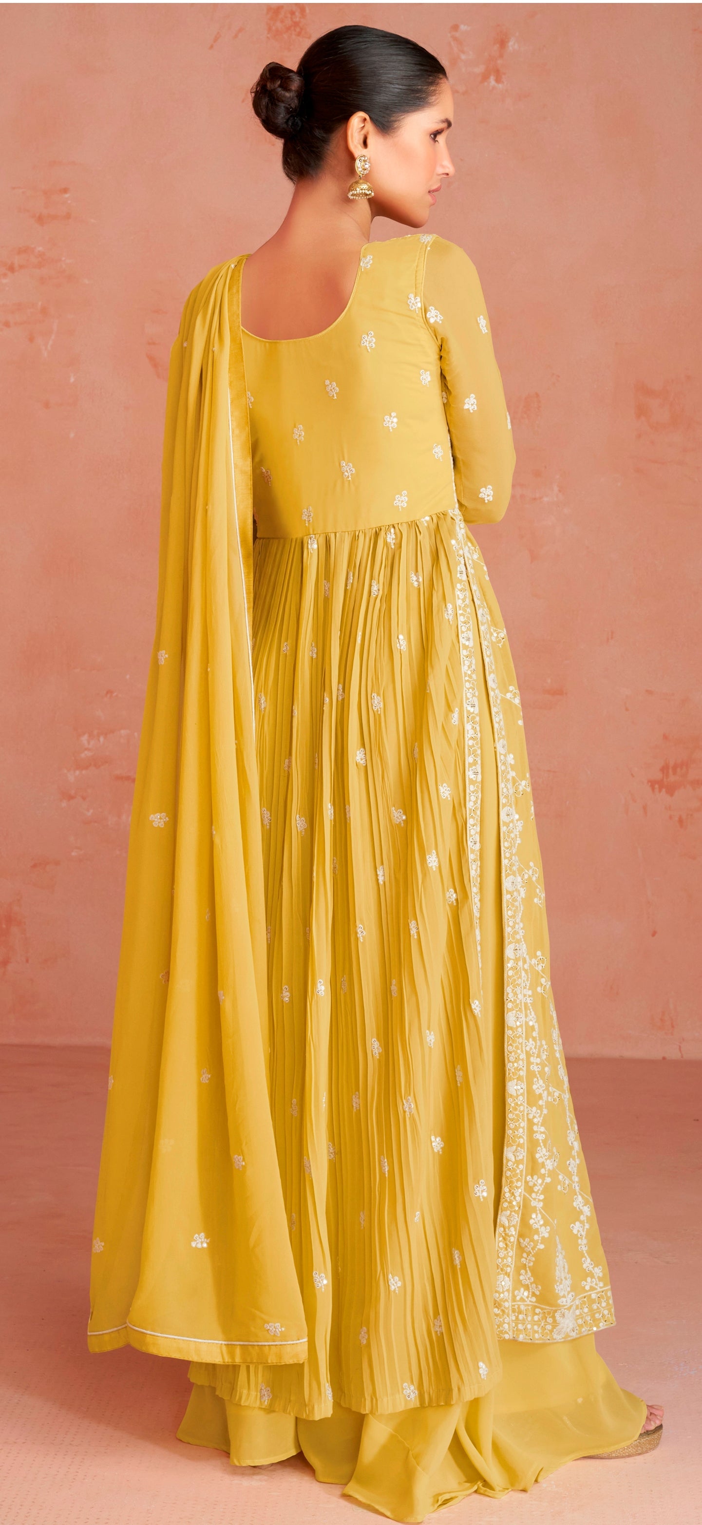 Yellow Thread Work Anarkali Suit In Georgette - Indian Paridhan 