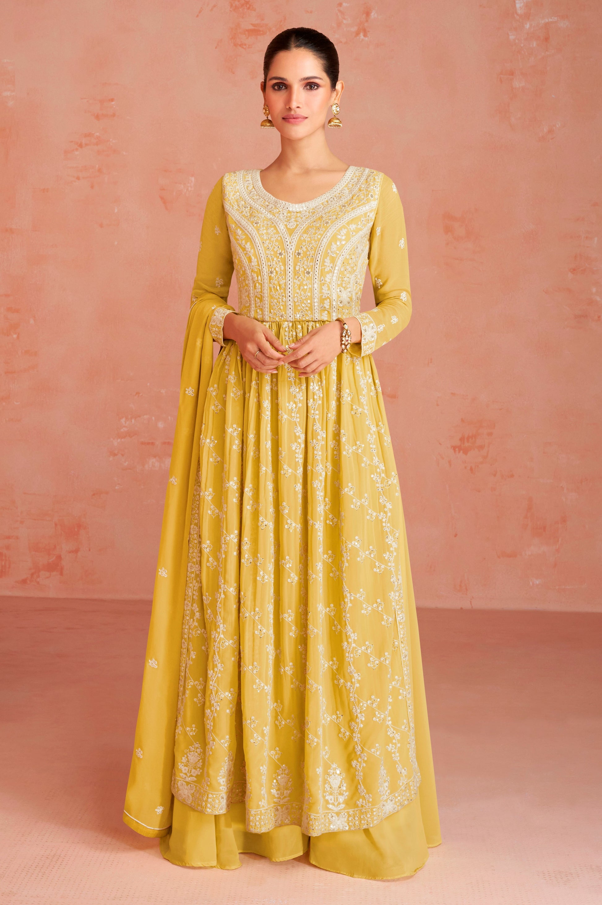 Yellow Thread Work Anarkali Suit In Georgette - Indian Paridhan 