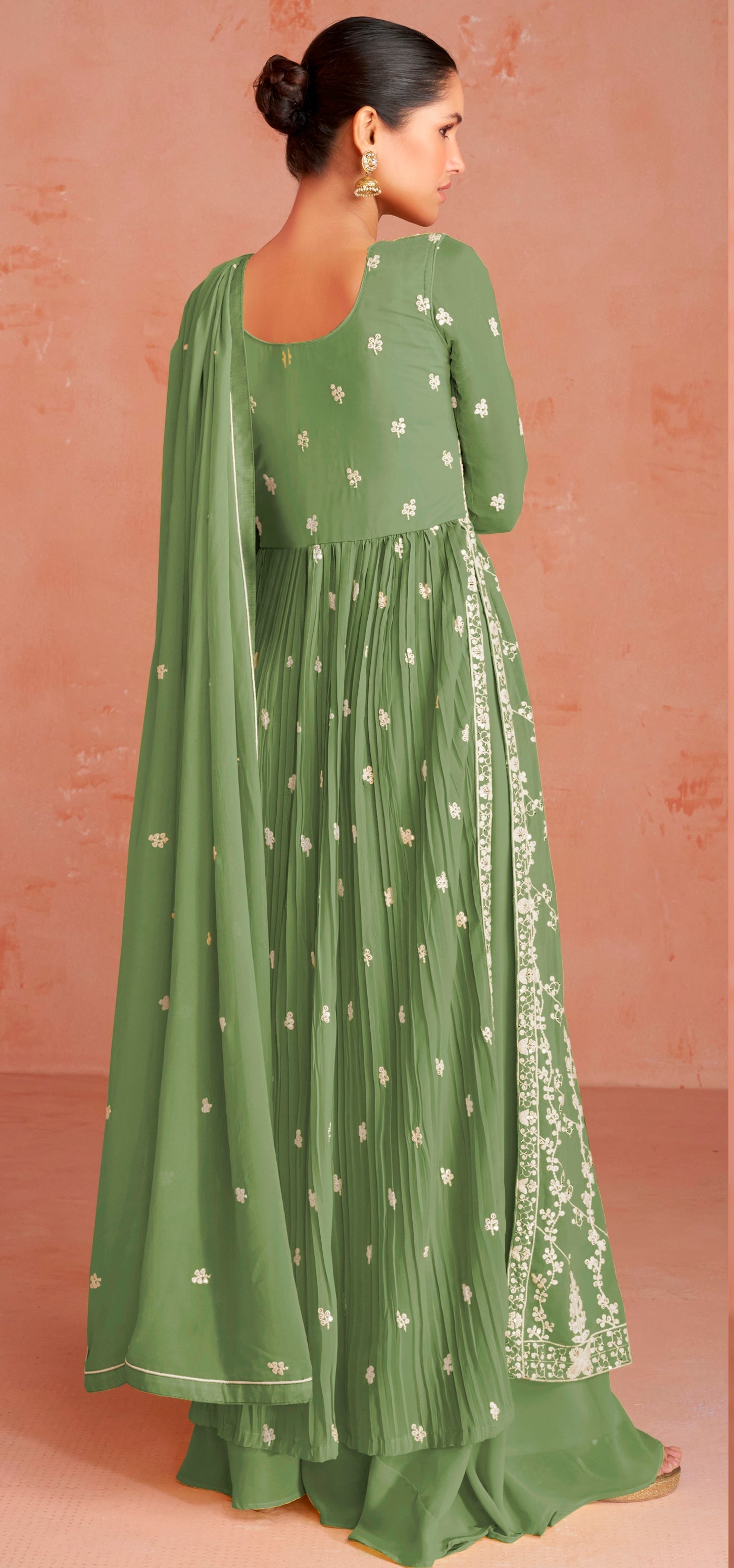 Green Thread Work Anarkali Suit In Georgette - Indian Paridhan 