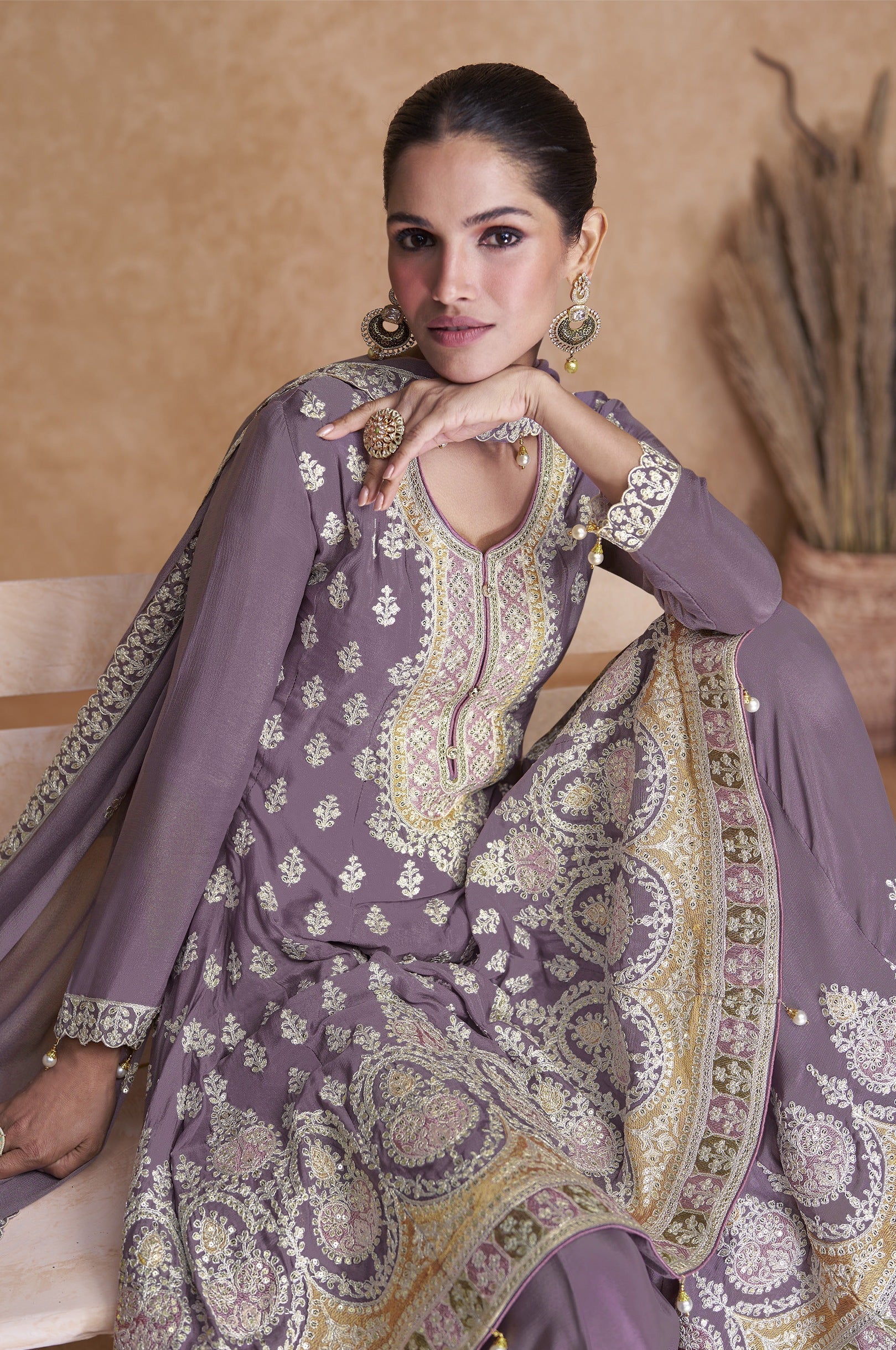 2024 Violet & Gold-Toned Embroidered Semi-Stitched Dress Material