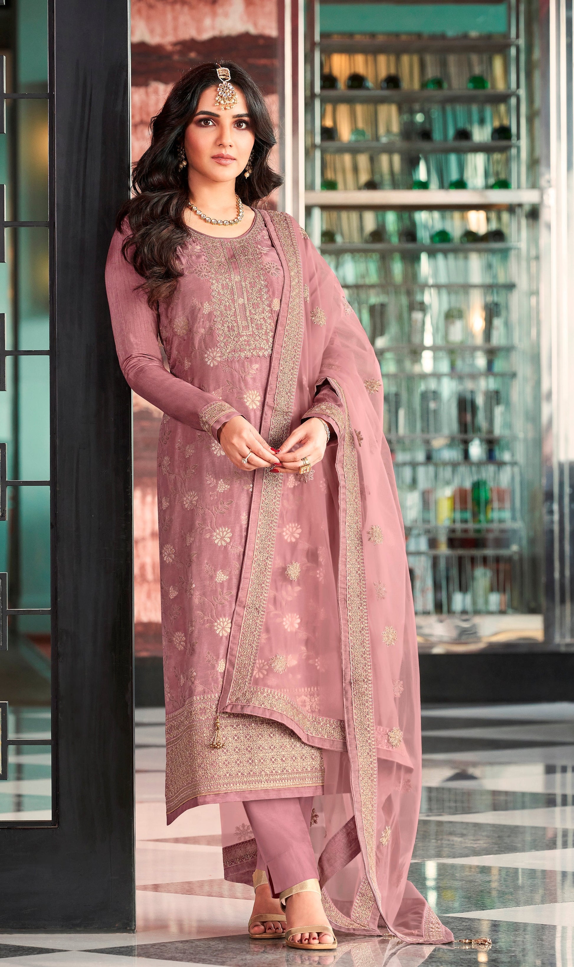 Mauve Woven Embroidered Pant Salwar Suit - Indian Paridhan 