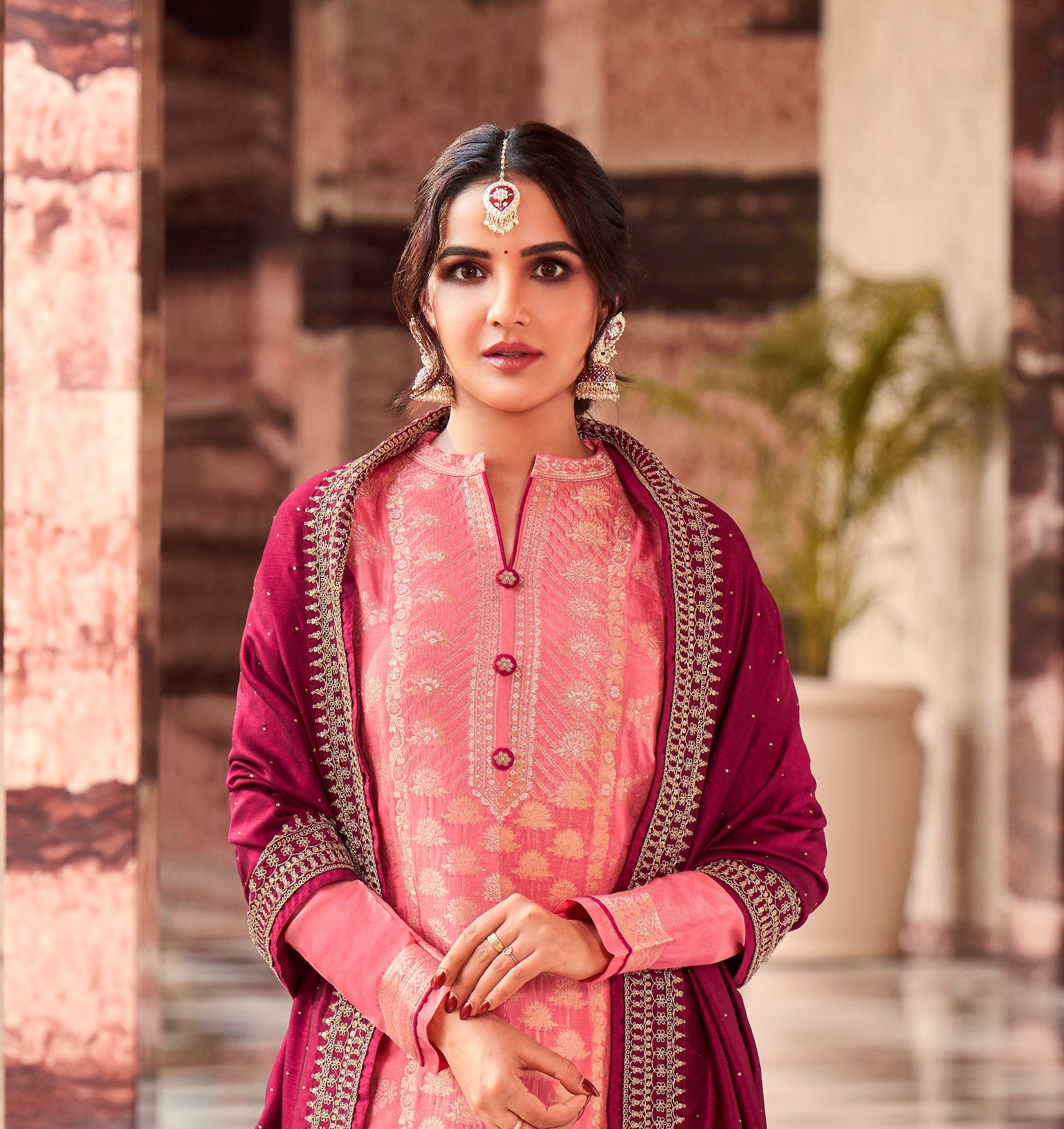 Pink Woven Embroidered Palazzo Salwar Suit - Indian Paridhan 