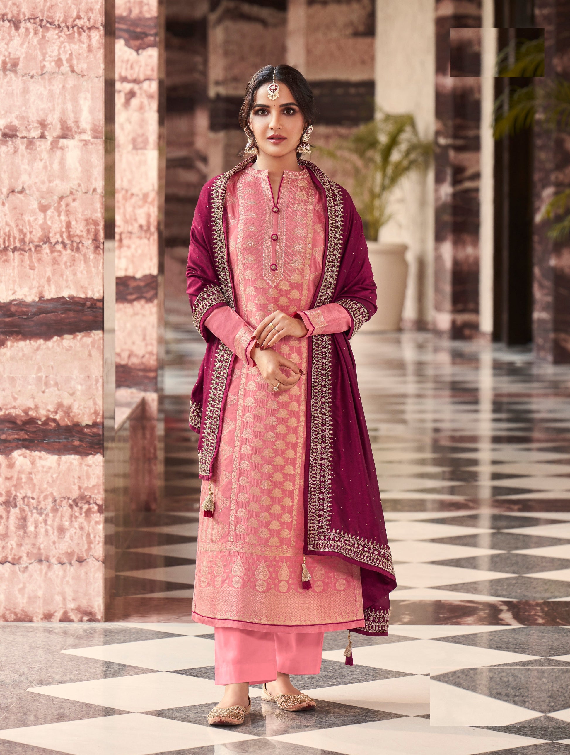 Pink Woven Embroidered Palazzo Salwar Suit - Indian Paridhan 