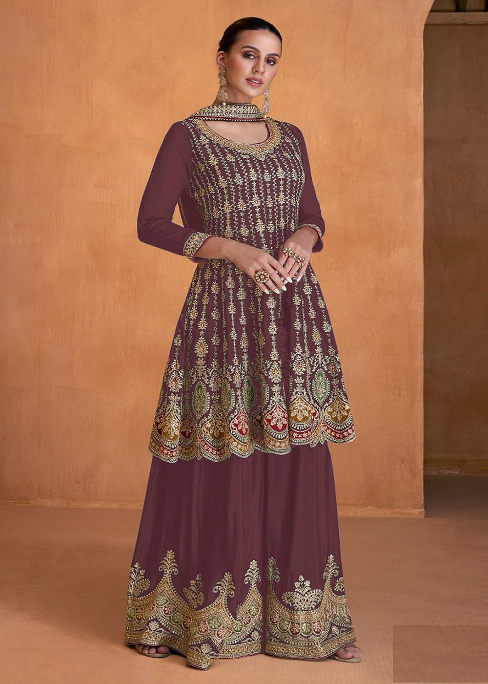 Mauve Georgette Indian Sharara Style Suit - Indian Paridhan 