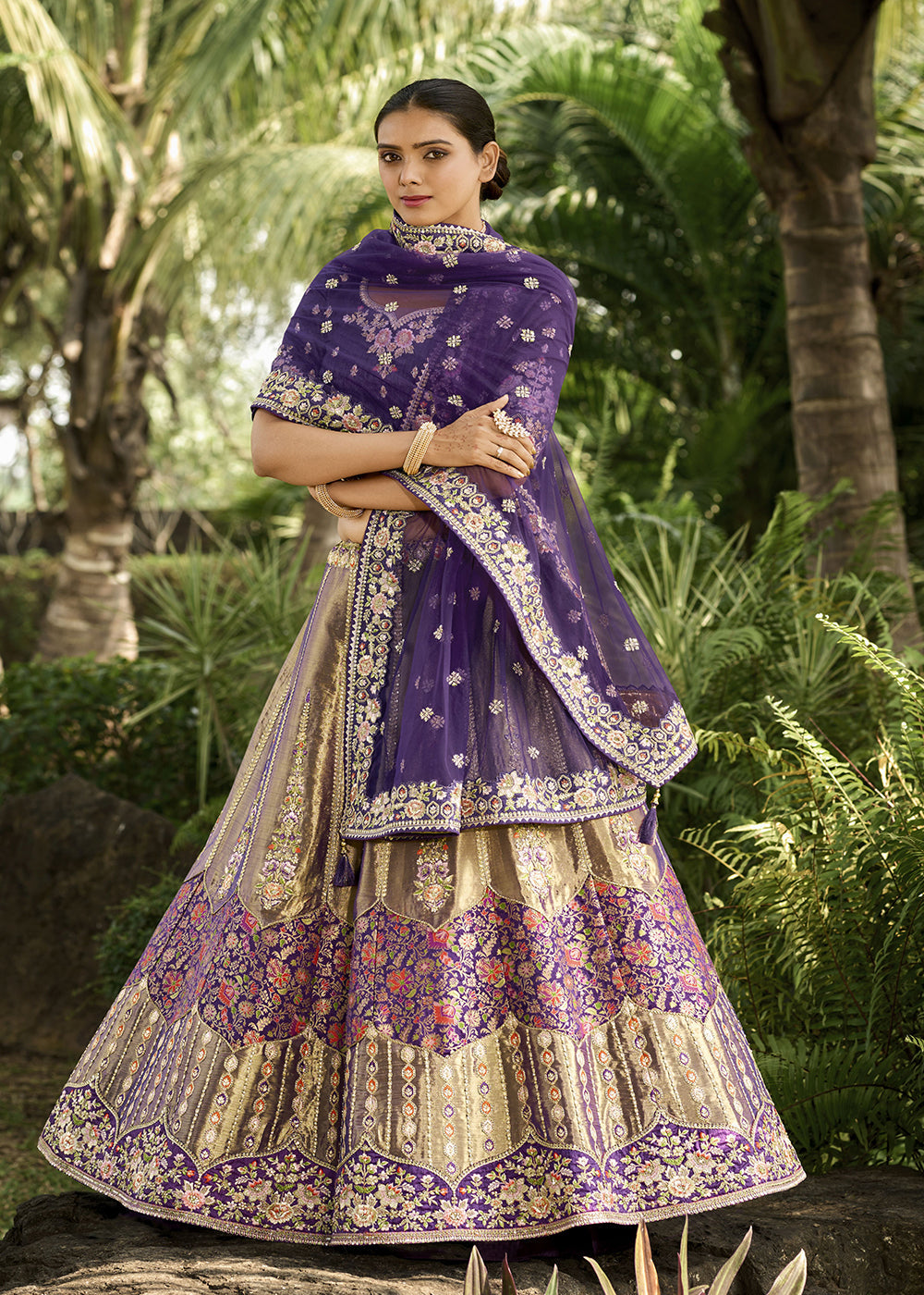 Grey & Purple Woven Embroidered Lehenga Choli - Indian Paridhan 