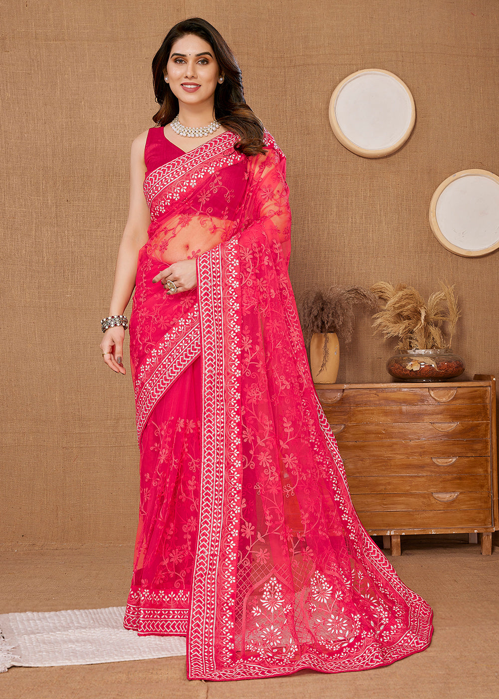 Pink Embroidered Indian Party Saree In Net - Indian Paridhan 