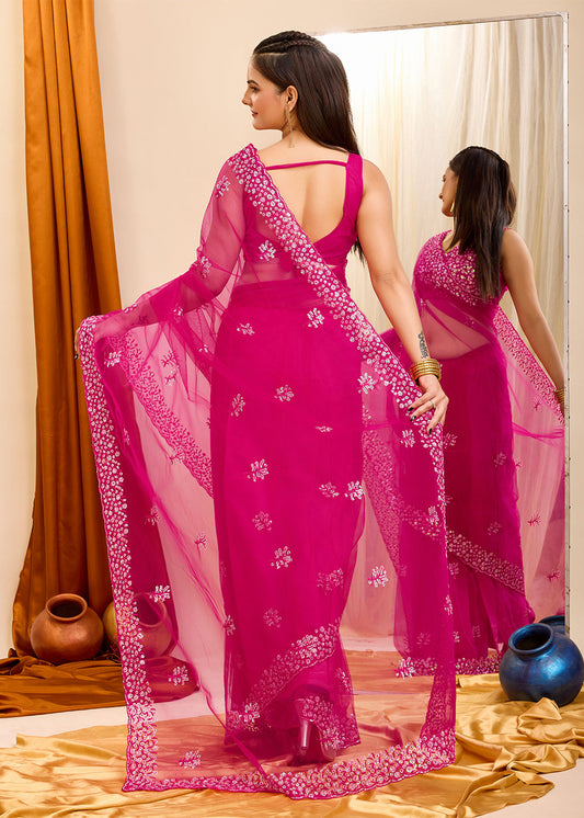 Pink Sequin Embroidered Soft Silk Saree