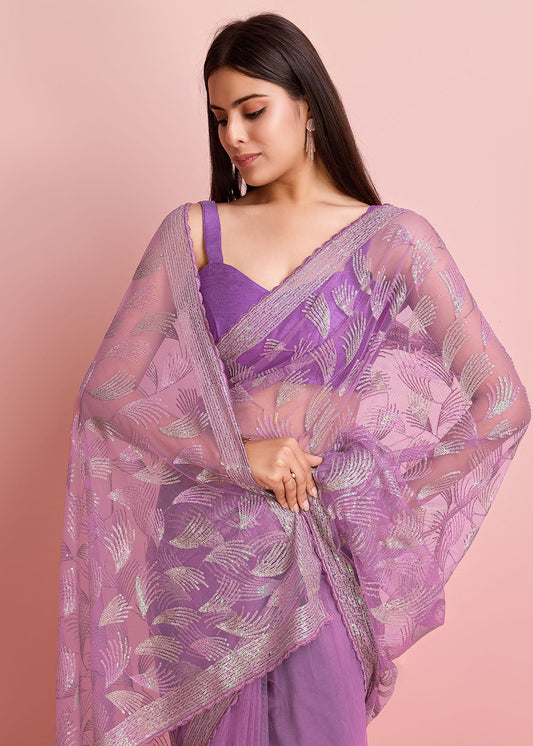 Purple Sequin Embroidered Net Saree