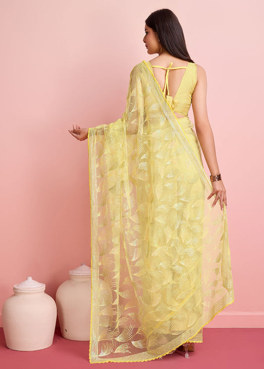 Yellow Sequin Embroidered Net Saree