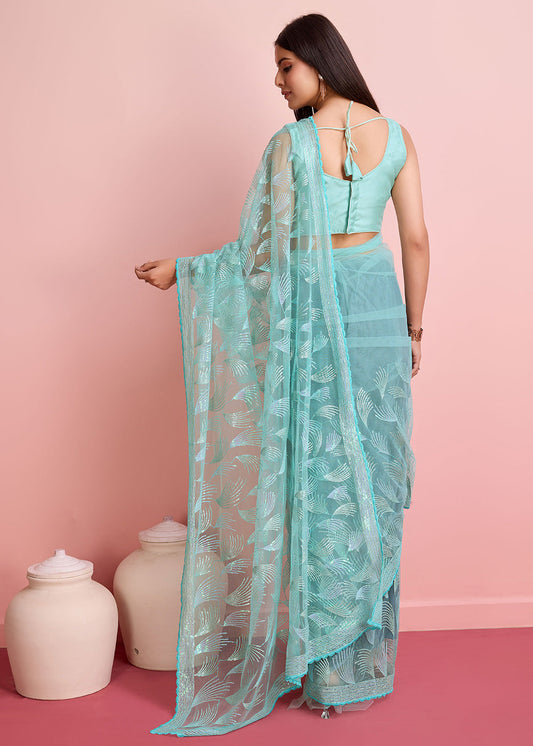 Sky Blue Embroidered Net Saree In Sequin