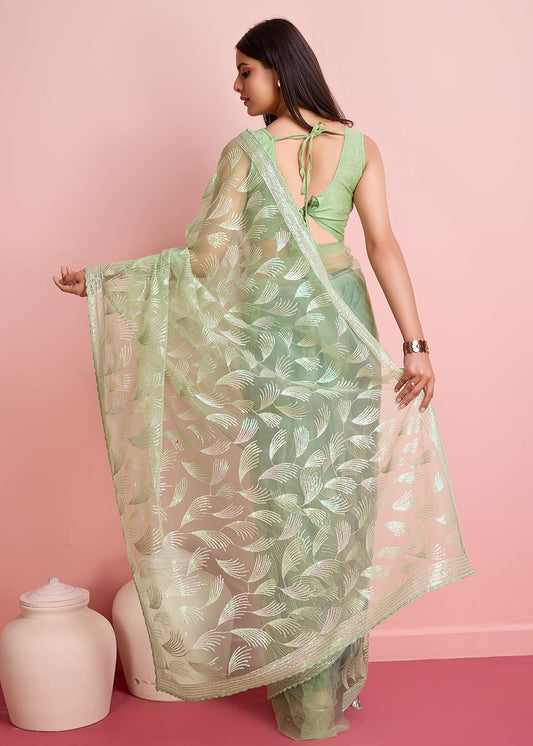 Pista Green Sequin Embroidered Net Saree