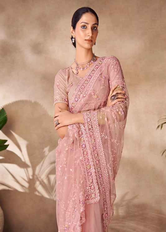 Pink Heavy Embroidered Stylish Net Saree