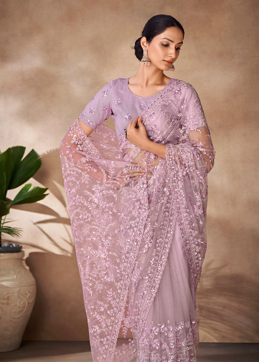 Purple Heavy Embroidered Stylish Net Saree