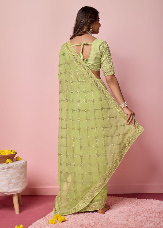 Green Heavy Embroidered Saree In Georgette