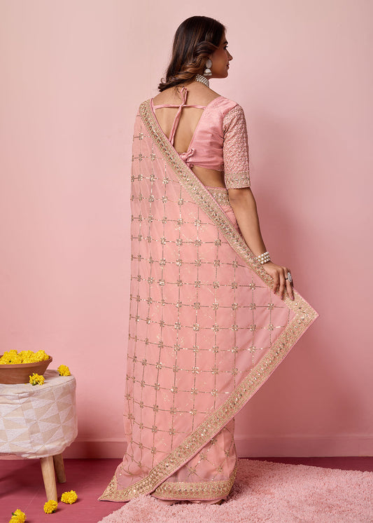 Pink Heavy Sequin Embroidered Saree In Georgette