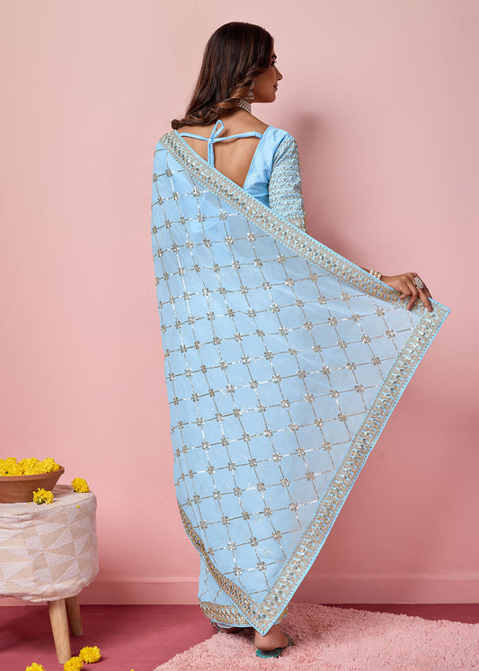 Sky Blue Sequin Embroidered Saree In Georgette