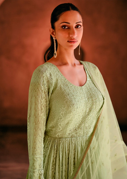 Green Embroidered Indian Anarkali Suit