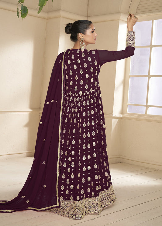 Wine Embroidered Indian Anarkali Suit