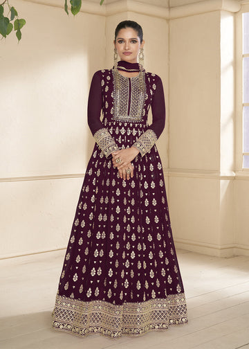 Wine Embroidered Indian Anarkali Suit