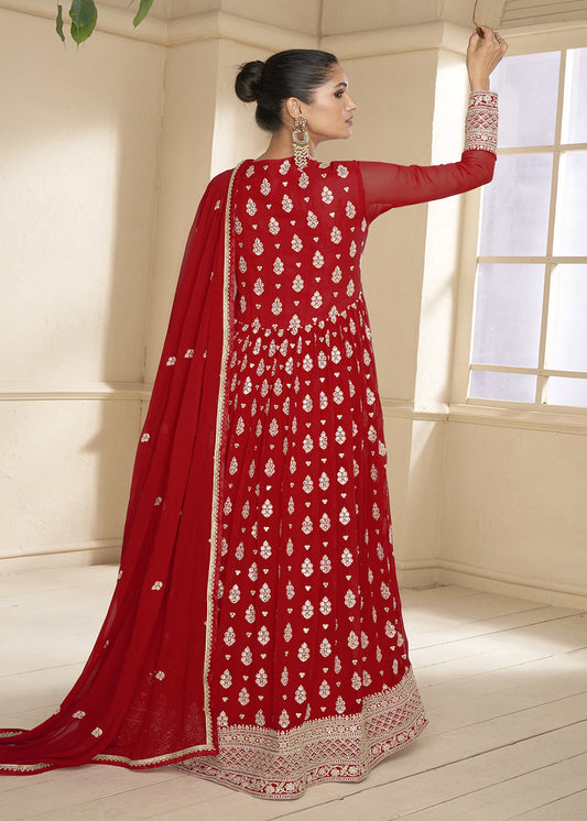 Red Embroidered Georgette Anarkali Suit