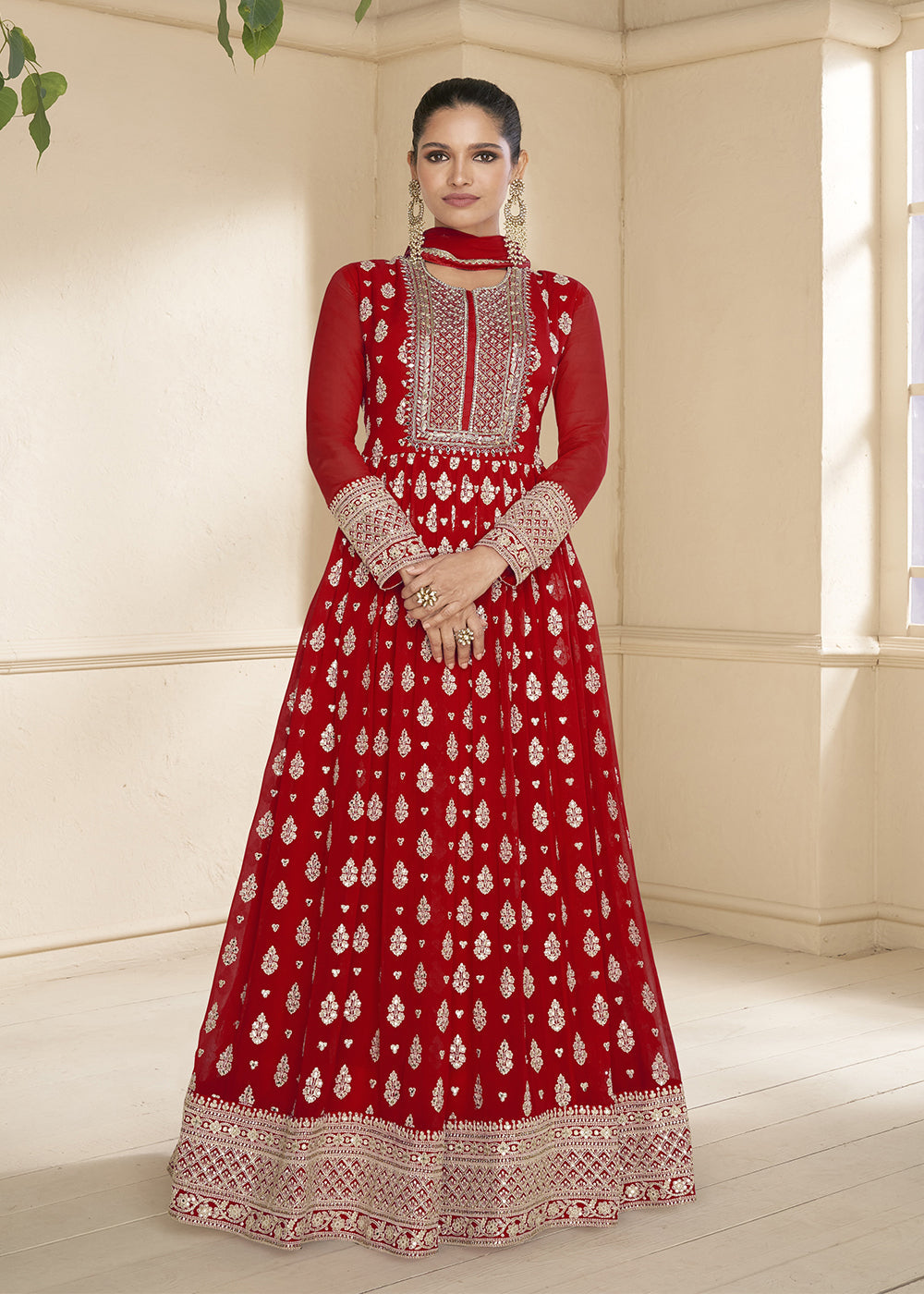 Red Embroidered Georgette Anarkali Suit