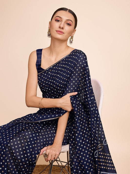 Navy Blue Printed Cotton Saree With Blouse