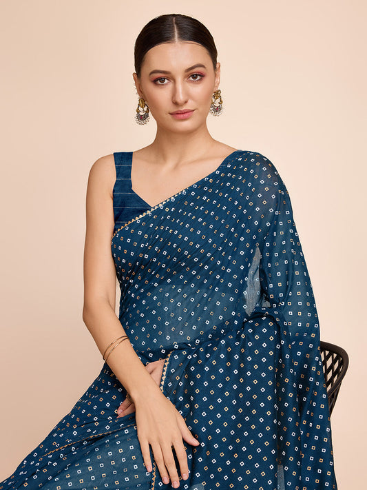 Teal Blue Printed Cotton Saree With Blouse