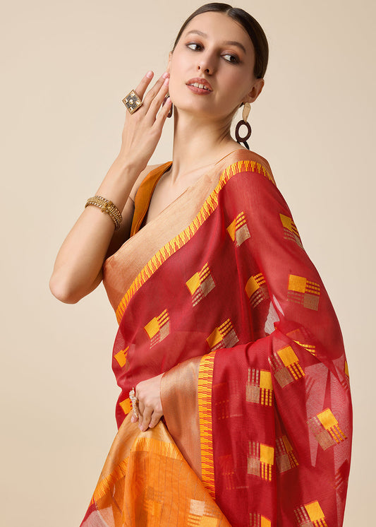 Red Cotton Silk Casual Saree in Woven Work