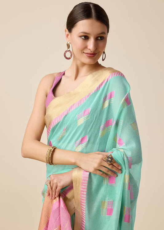 Sky Blue Woven Party Wear Saree In Cotton