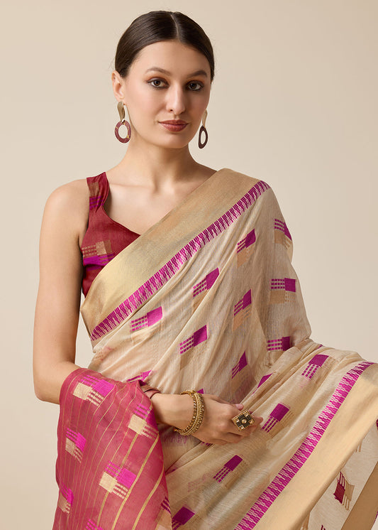 Cream Woven Cotton Saree With Blouse