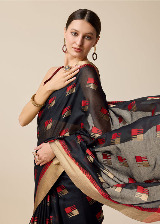 Black Woven Cotton Saree With Blouse