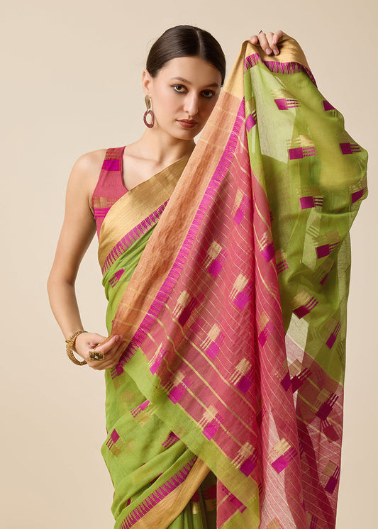 Green WovenParty Wear Cotton Saree With Blouse