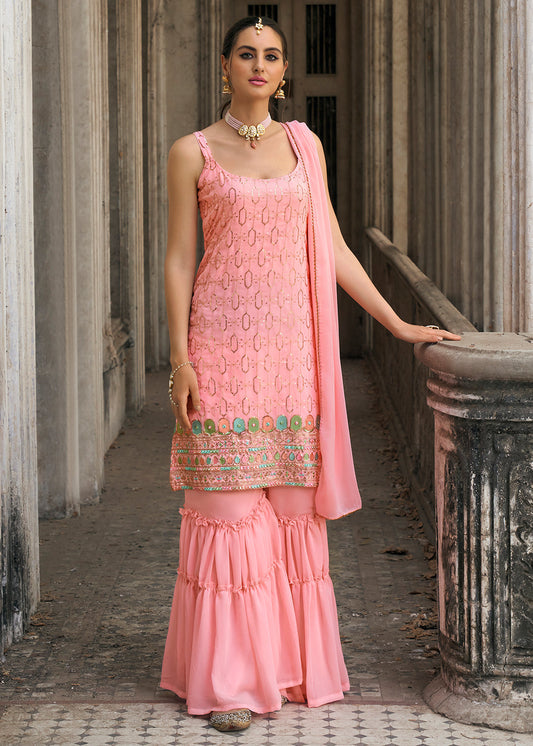 Readymade Pink Sequin Georgette Sharara Suit - Indian Paridhan 