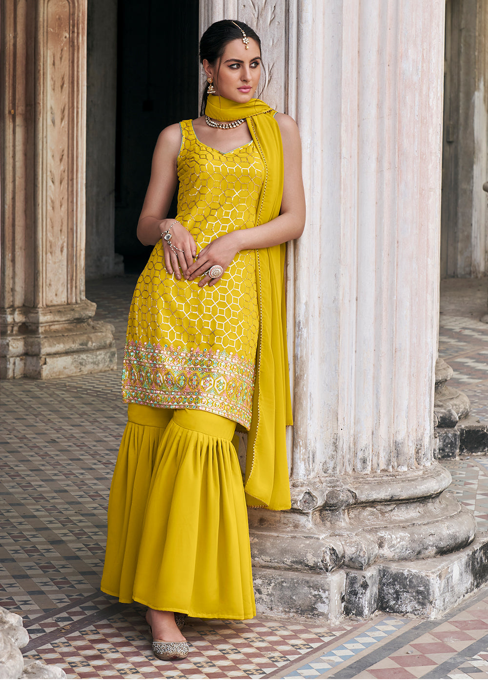 Yellow Readymade Georgette Sharara Suit - Indian Paridhan 