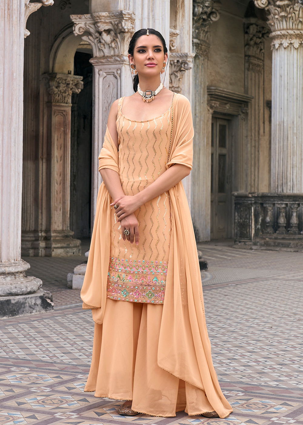 Readymade Peach Sequin Georgette Sharara Suit - Indian Paridhan 