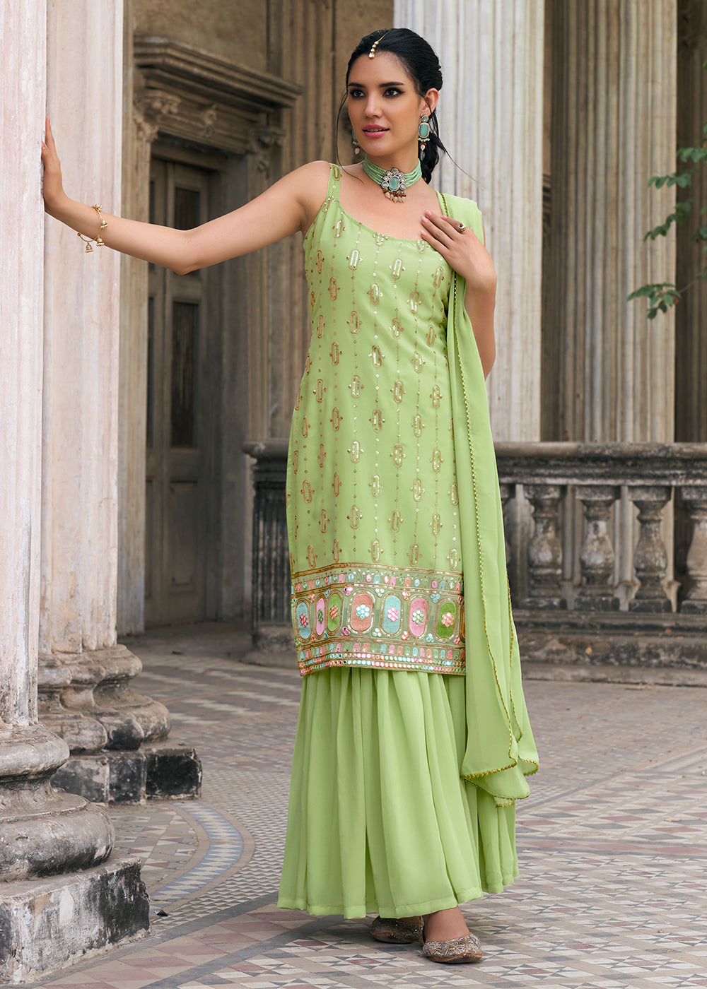 Readymade Green Sequin Georgette Sharara Suit - Indian Paridhan 