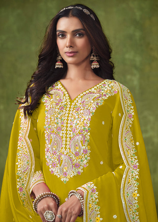 Yellow Embroidered Punjabi Salwar Suit In Chanderi