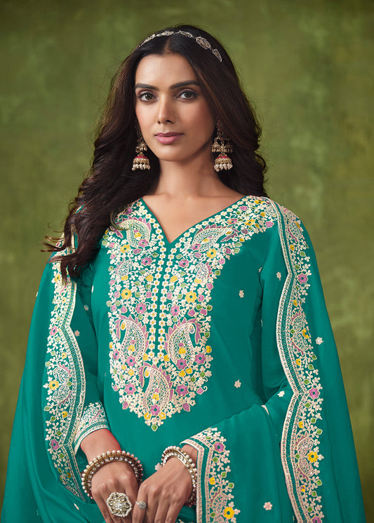 Green Embroidered Punjabi Salwar Suit In Chanderi