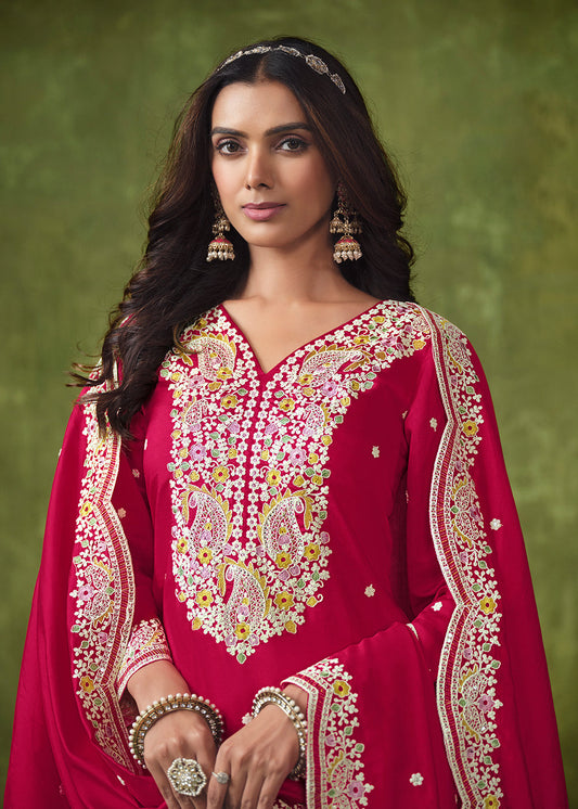 Pink Embroidered Punjabi Suit In Chanderi