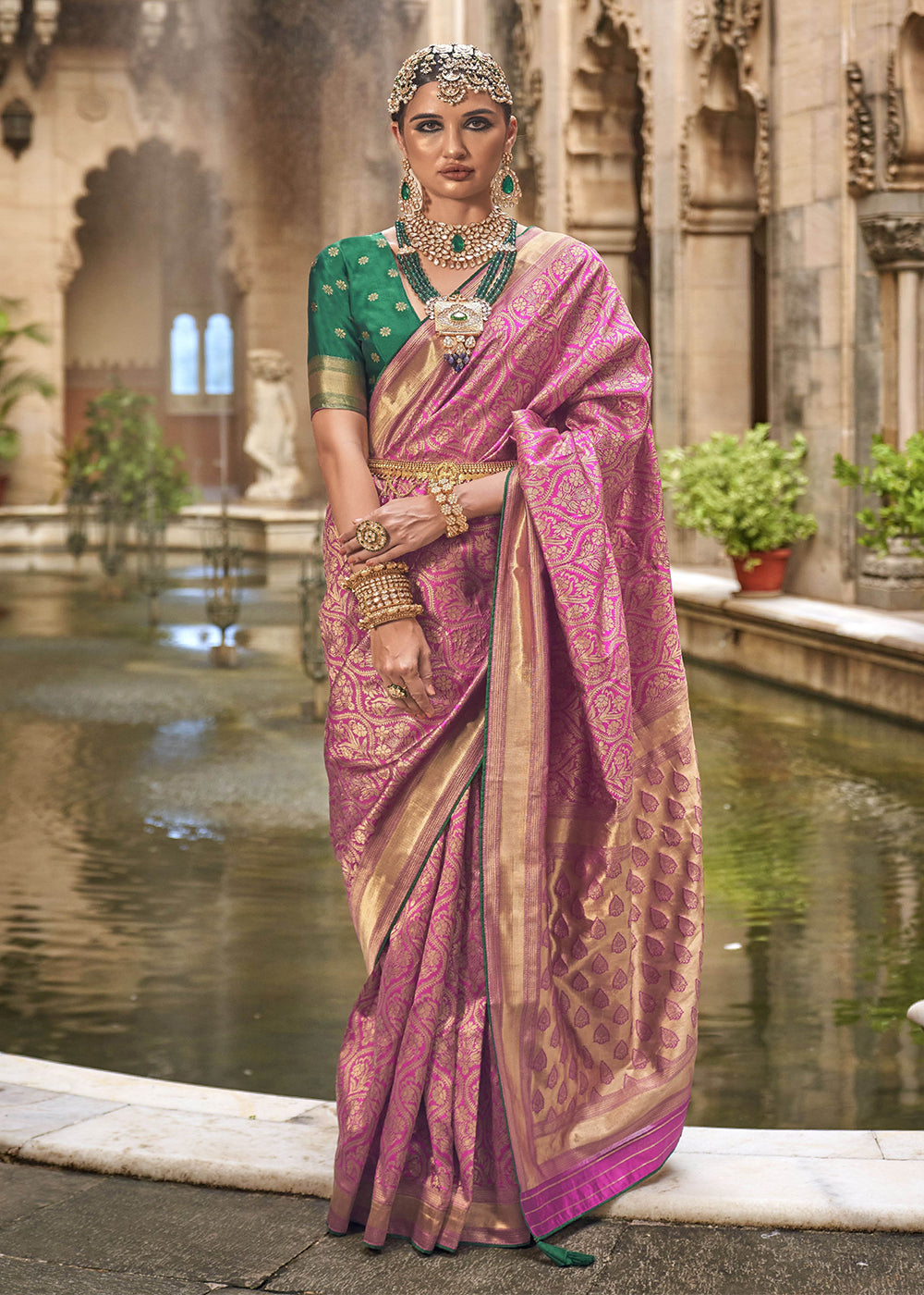 Rani Pink Jacquard Party Wear Silk Saree - Indian Paridhan 