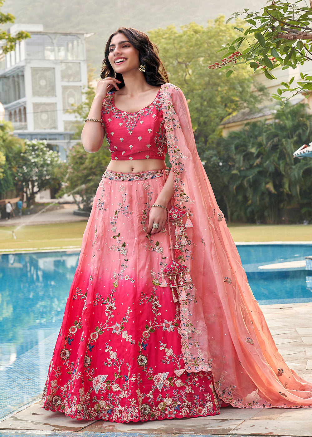 Pink Zari Embroidered Organza Lehenga Choli