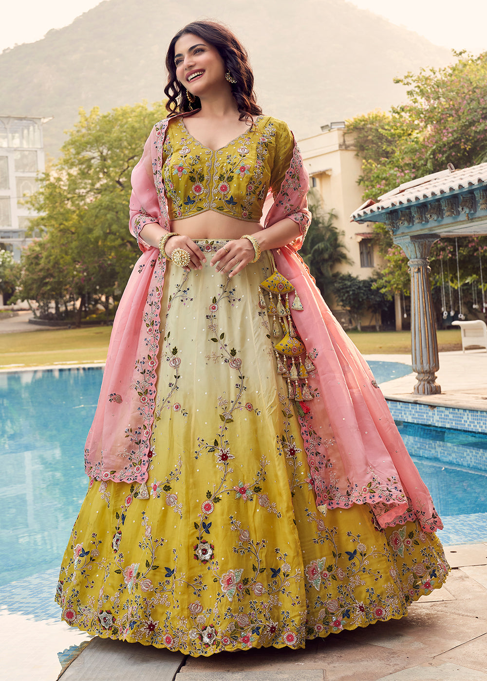 Yellow Zari Embroidered Organza Lehenga Choli