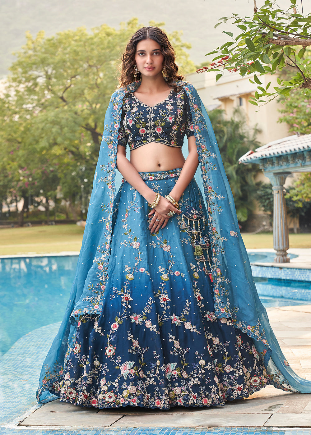 Blue Zari Embroidered Organza Lehenga Choli